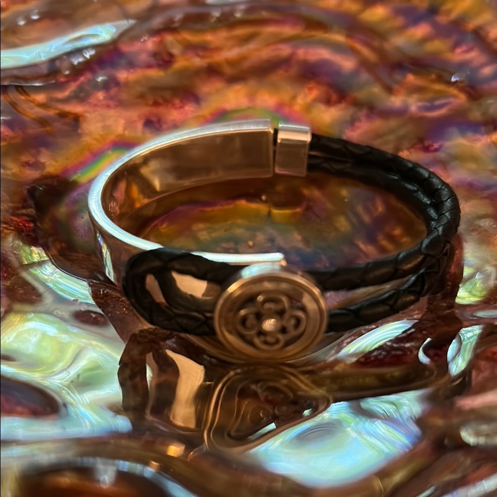 VINTAGE BRIGHTON BRAIDED LEATHER METAL LOOP CLOSURE with Crystal Stone BRACELET